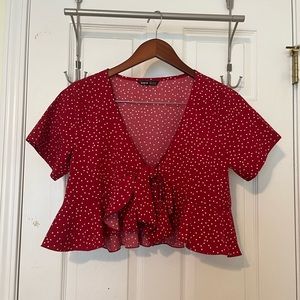 SHEIN Tie Front Polka Dot Ruffle Hem Top
